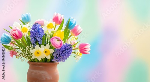 Vibrant spring flowers fill a clay vase on a colorful background
