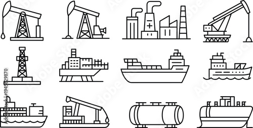 Oil industry icons set with pumpjack, offshore platform, refinery plant, tanker ship and storage tanks, petroleum production vector outline symbols collection