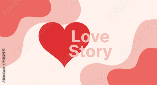 Red Heart Shape with "Love Story" Text, Abstract Coral Waves Background