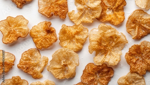 High-resolution images of dehydrated apple slices on a white backdrop. Coarse, sweet natural flakes