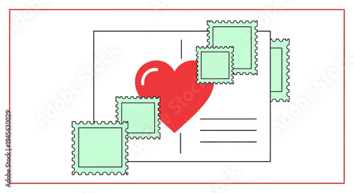 Red Heart Stamp Postcard Illustration - Love Letter, Valentine's Day, Romantic Message