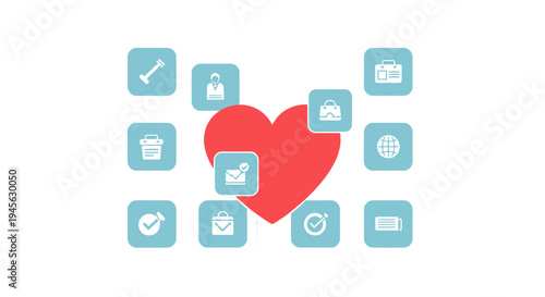 Red Heart Surrounded by Business and Communication Icons, Love for Work Concept