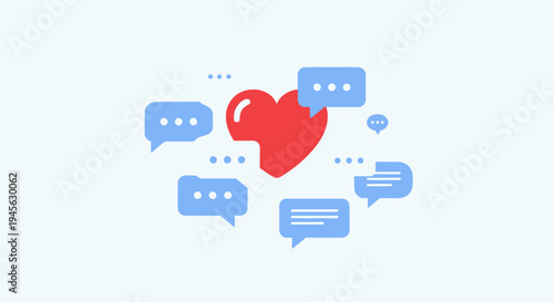 Red Heart Surrounded by Chat Bubbles, Love Message Communication Concept