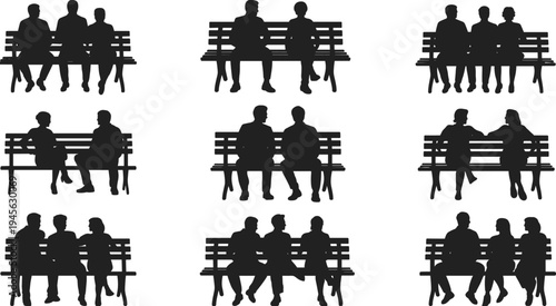 People sitting on park bench silhouettes collection, men and women talking, friends meeting outdoors, urban park relaxation, social interaction, conversation scenes vector set