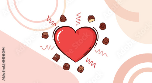 Red Heart Surrounded by Chocolate Candies, Love and Sweetness Concept