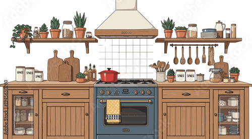 Illustration of cozy rustic kitchen interior with oven, cabinets, shelves, spice jars, utensils, plants, and cookware, representing home design, culinary artwork, and domestic lifestyle
