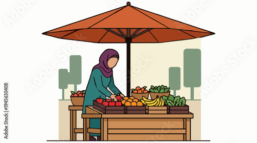 A Woman In Hijab Arranges Fresh Produce At A Wooden Stall Under A Large Orange Umbrella