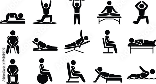 Physiotherapy and rehabilitation icons set with exercise therapy, massage treatment, stretching workout and physical therapy activities vector collection