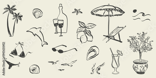 Hand drawn whimsical summer sketch collection. Italian Amalfi doodles in simple crayon style. Vintage holiday and vacation symbols. Mediterranean vector illustration in chalk texture