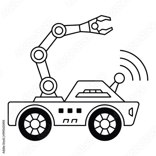 Autonomous robotic rover vehicle with manipulator arm vector line art icon for technology.