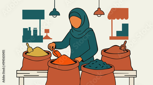 Muslim Woman Scooping Spices From Large Sacks at Outdoor Market Stall with Warm Lighting and Earthy Tones