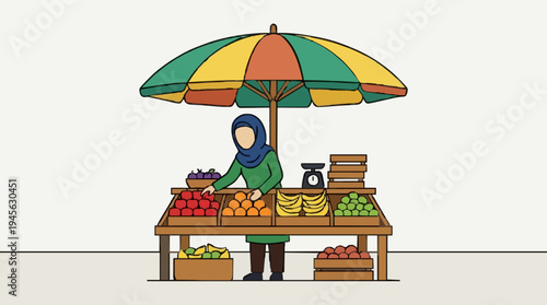Woman In Hijab Arranging Fresh Produce At A Colorful Outdoor Market Stall Featuring Various Fruits And Vegetables Under A Striped Umbrella
