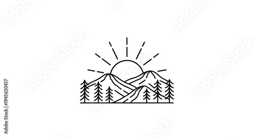Mountain sunrise line art illustration