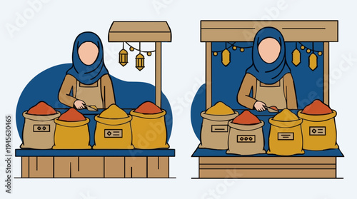 Woman Selling Spices At Market Stall With Lanterns And Sacks Of Colorful Powders In A Vibrant Outdoor Scene