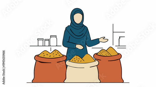 Woman In Teal Hijab Standing Behind Sacks Of Spices In A Market stall With Jars On A Shelf Behind Her