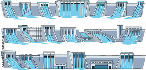 Illustration of multiple hydroelectric dams with cascading water, turbines, and control structures, representing renewable energy, power generation, engineering design, and s