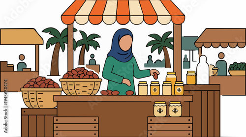 Woman wearing blue hijab and green dress selling dates and honey at outdoor market stall with palm trees and stalls in background