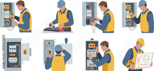  Professional electrician repairing electrical control panel, technician testing voltage with multimeter, wiring installation maintenance, industrial electrical service worker 