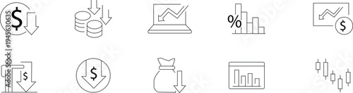 Collection of line icons depicting financial loss and decline money down