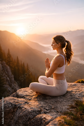 Woman Practicing Yoga at Sunrise on Mountain Cliff
