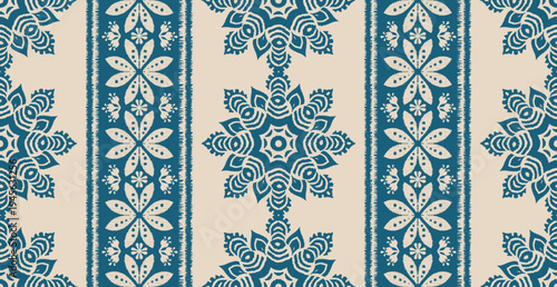 Seamless Ikat Mandala Pattern.Blue and Cream Floral Border Textile.Bohemian Winter Folk Art Print.Ethnic Embroidery Pattern.Nordic-Style Mandala Ikat.Seamless Vector Background for Wallpaper.