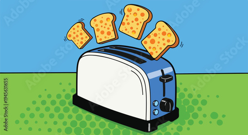 Pop art style illustration featuring a blue and white electric toaster launching four pieces of spotted bread upwards on transparent background