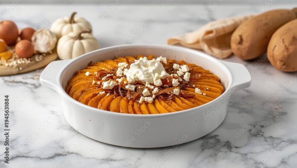Fototapeta premium Layered potato and pumpkin casserole in a white dish on marble, with raw ingredients and topped with roasted onions, feta, and whipped cream, prepared for baking