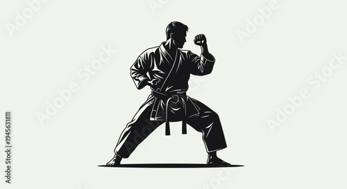 Silhouette of a Karate Practitioner in Fighting Stance Illustration.