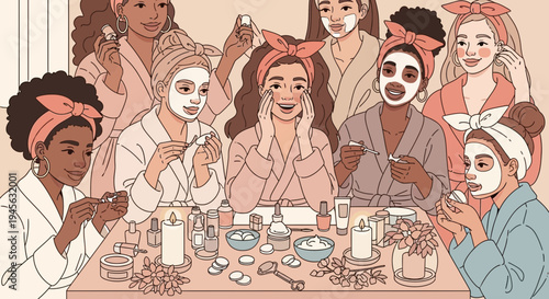 Diverse Group of Women Enjoying a Relaxing Face Mask Spa Party
