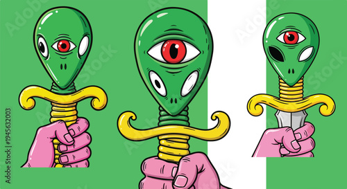Human hand holding a vibrant green alien-headed sword hilt with a single red eye and two smaller eyes, showcasing unique fantasy art on transparent background. on transparent background