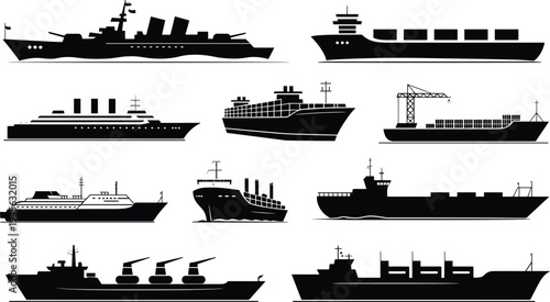 Ships and boats silhouettes collection, cargo vessels, cruise liner, container ship and warship icons set, maritime transport and naval fleet vector illustration