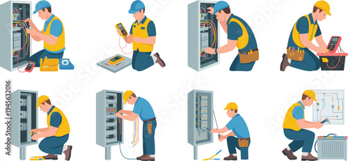 Skilled electrician inspecting control panels and testing circuits with multimeter, performing wiring installation and maintenance, industrial electrical technician 