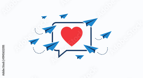 Red Heart in Speech Bubble with Paper Airplanes Flying Around - Love Message Concept