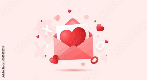 Red Heart in Envelope with Love Symbols, Valentine's Day Concept