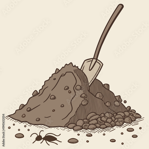A pile of dirt with a shovel and an ant