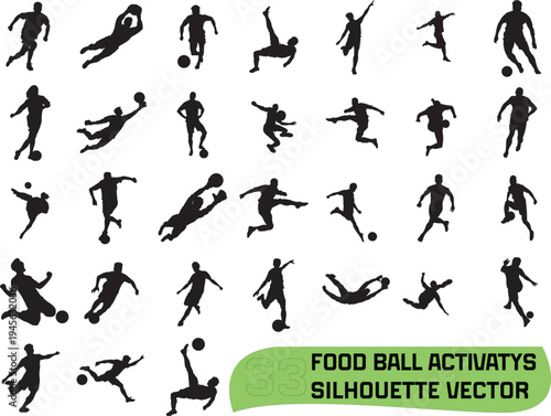 Silhouettes of soccer players in various dynamic action poses with a ball