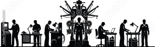 Industrial silhouettes of workers and advanced robotic machinery illustrating automation, technology integration, human labor evolution, mechanical tools, and modern factory production p.