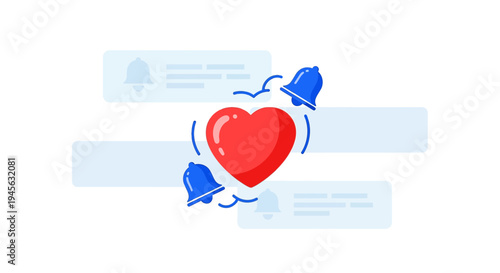 Red Heart Notification Icon with Bells and Message Bubbles - Social Media Engagement