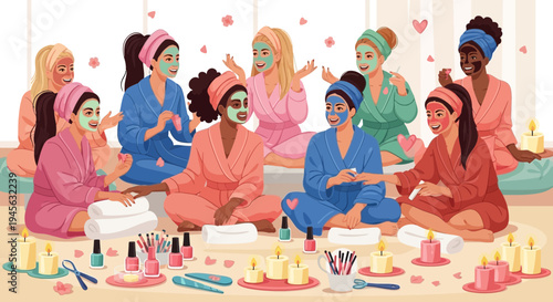 Diverse Group of Women Enjoying Spa Day with Face Masks and Robes