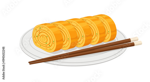 A freshly prepared golden-yellow Japanese rolled omelette, speckled with small green herbs and neatly sliced into five thick rounds, rests appetizingly on a clean white plate beside wooden chopsticks