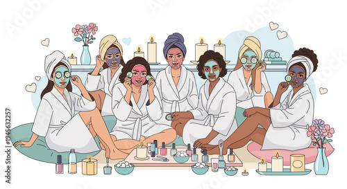 Diverse Group of Women Enjoying Spa Day with Facial Masks and Robes