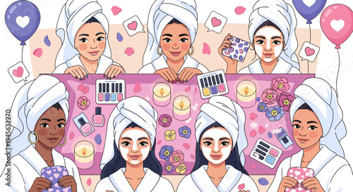 Diverse Group of Women Enjoying Spa Day with Facials and Candles