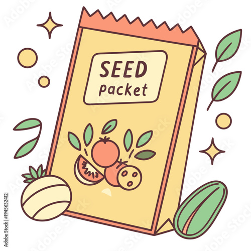A yellow seed packet with a label and vegetables