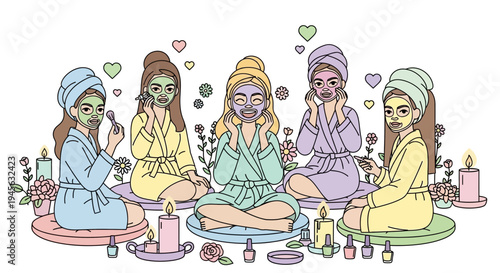 Diverse Group Spa Night with Face Masks and Candles, Self-Care Ritual