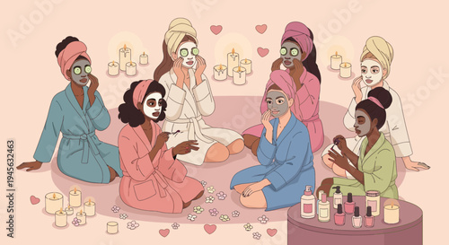 Diverse Group Spa Night with Face Masks and Candles