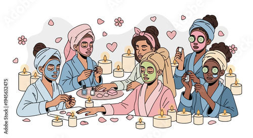 Diverse Group Spa Night with Facial Masks and Candles