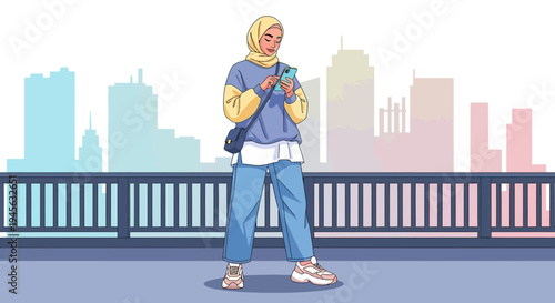 Muslim woman in hijab with smartphone on city bridge, modern lifestyle