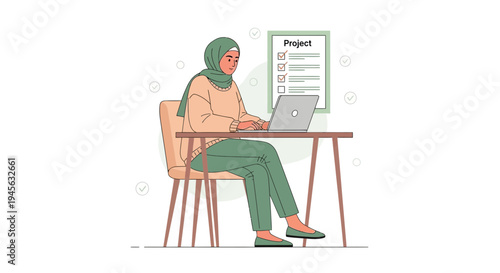 Muslim woman in hijab working on laptop at desk with project checklist