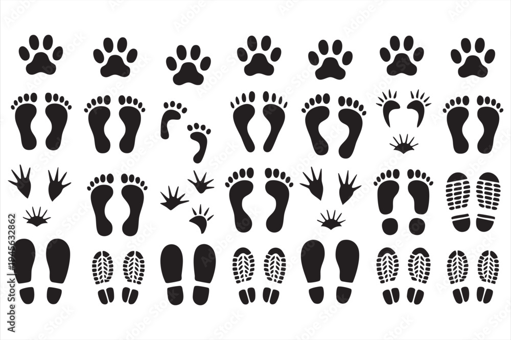 Fototapeta premium Human footprint and animal pawprint icons for trail, path, and navigation graphics