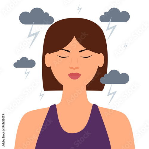 Asian girl in depression. The girl's face is surrounded by clouds and lightning